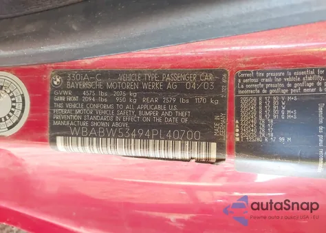 2004 BMW 330Ci из США, поврежденный, VIN WBABW53494PL40700